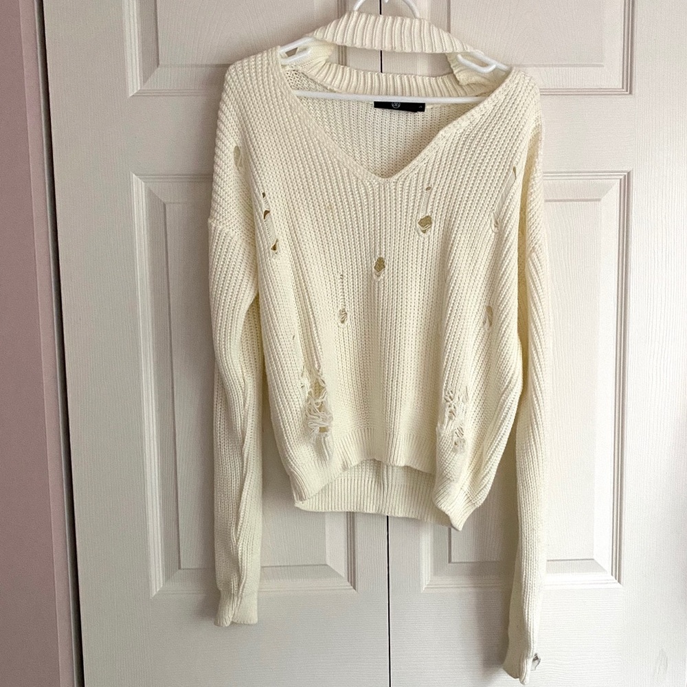 Missguided White Choker Neck Distressed Sweater